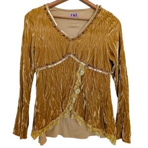 Velvet Y2K Babydoll Top Medium Lace Trim Bead Sequin Asymmetric Yellow Festival